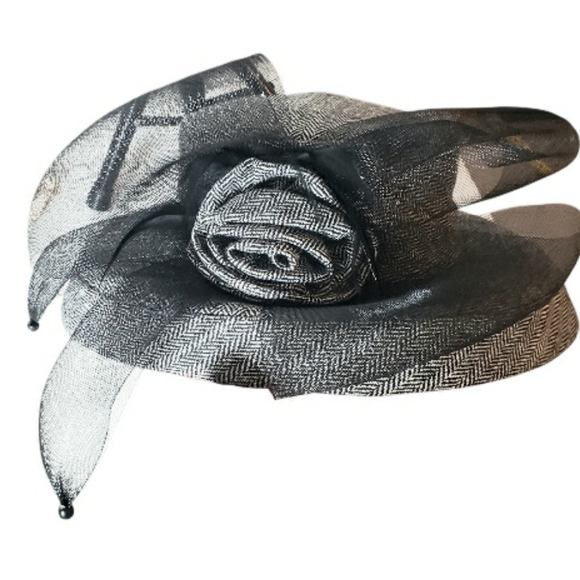Susanna Designer Herringbone High Brim Hat Scurtural Netting Flower Feathers OS main image 9